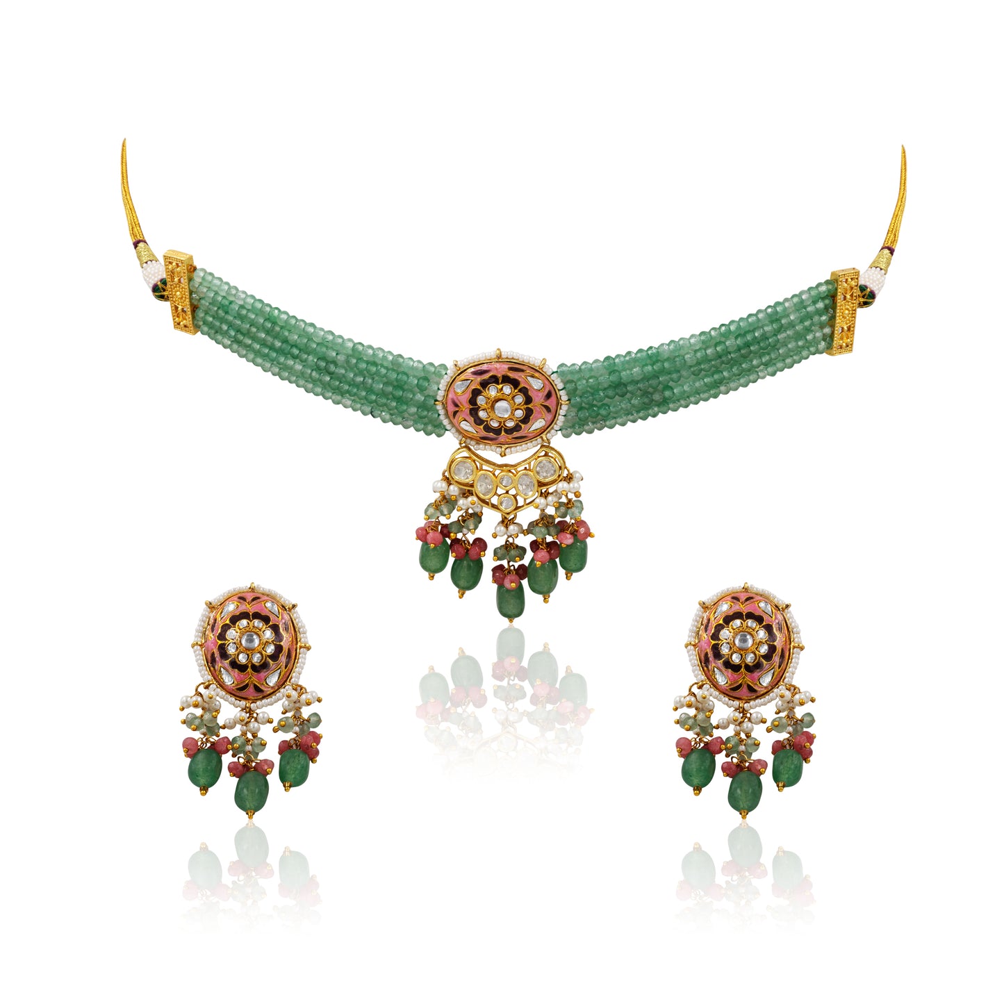 Green Meenakari Kundan Choker Set – Ruby Accents & Multistrand Beads