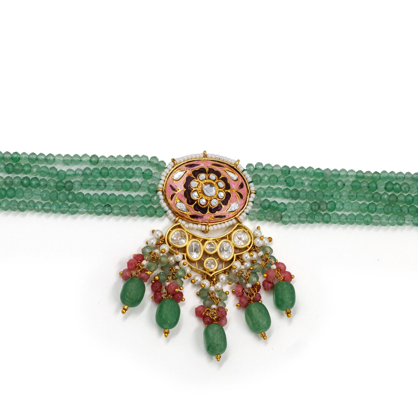 Green Meenakari Kundan Choker Set – Ruby Accents & Multistrand Beads