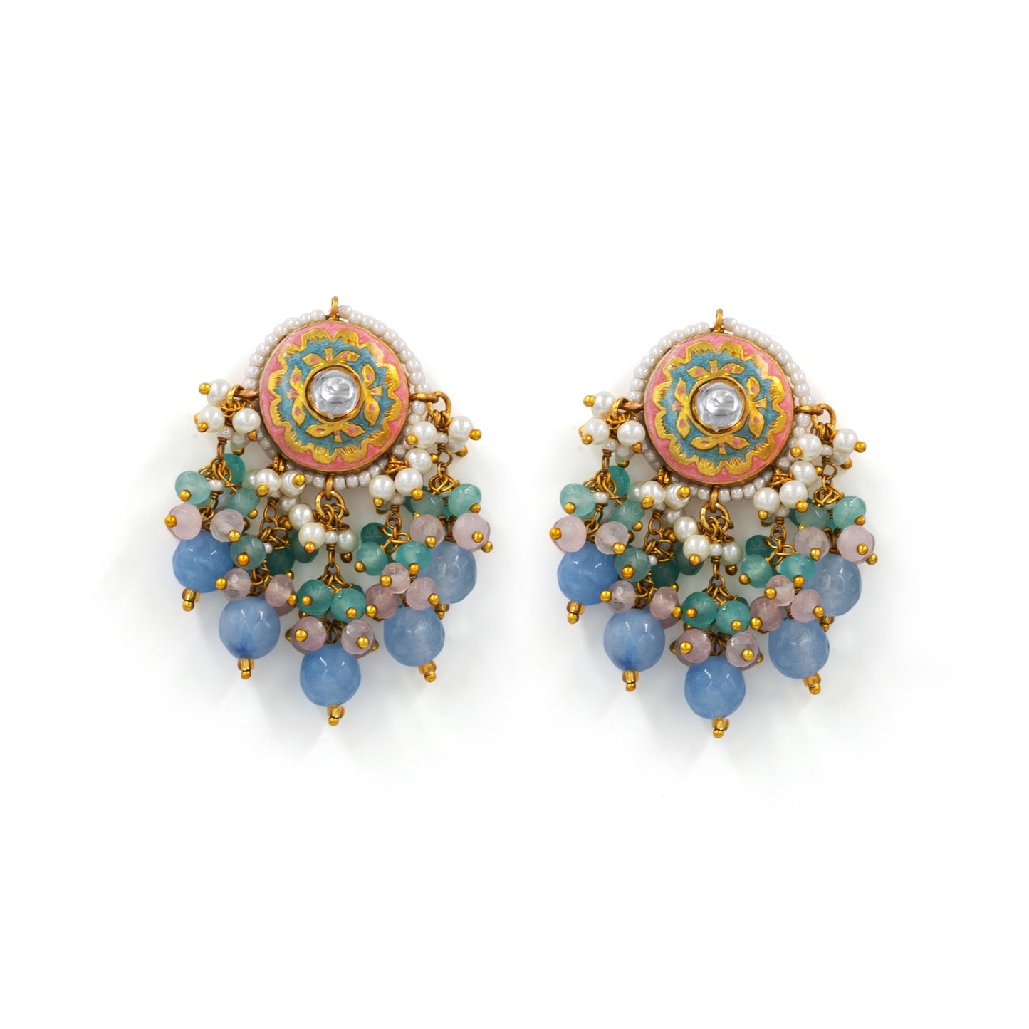 Sky Blue Meenakari Earrings – Kundan Center with Multicolor Beads