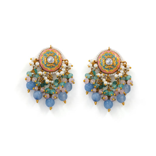 Sky Blue Meenakari Earrings – Kundan Center with Multicolor Beads
