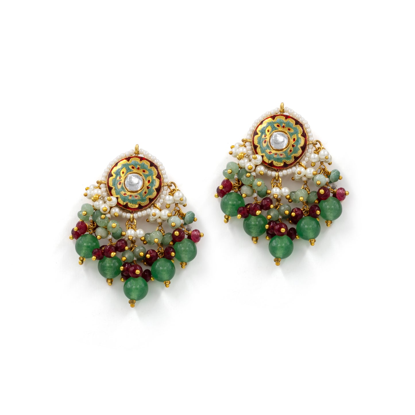 Green Meenakari Stud Earrings – Kundan Center with Pearl & Bead Drops