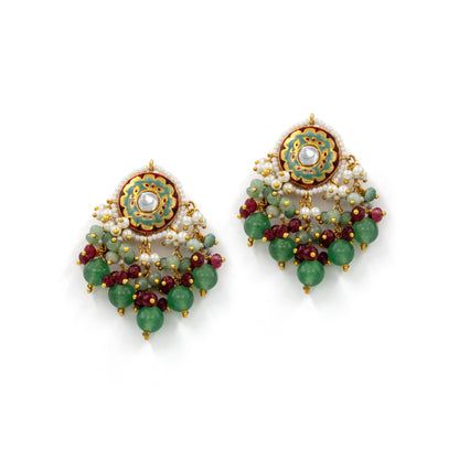 Green Meenakari Stud Earrings – Kundan Center with Pearl & Bead Drops