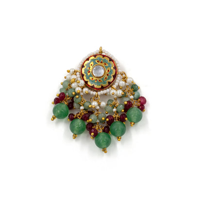 Green Meenakari Stud Earrings – Kundan Center with Pearl & Bead Drops