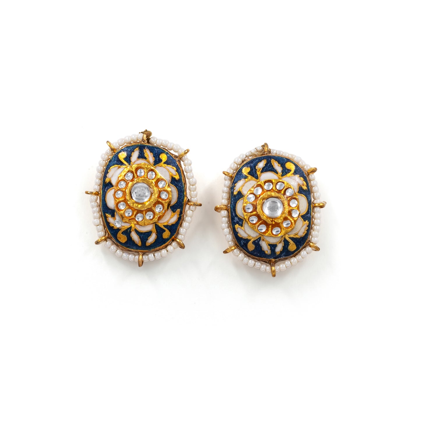 Black & White Meenakari Stud Earrings – Kundan Floral with Pearl Edge