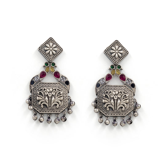 Oxidized Silver Temple Earrings – Peacock Motif with Multicolor Stones