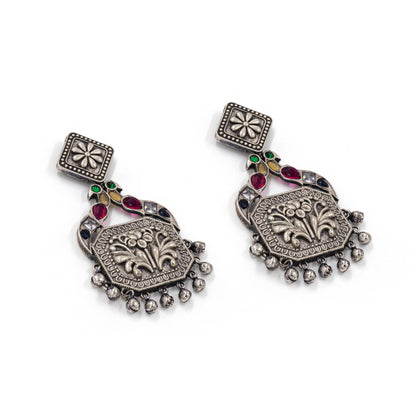 Oxidized Silver Temple Earrings – Peacock Motif with Multicolor Stones
