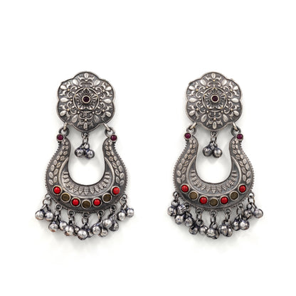 Oxidized Amrapali-Style Crescent Earrings – Red Inlay with Ghungroo Drops
