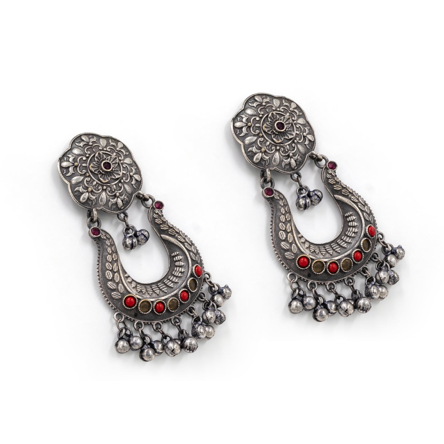 Oxidized Amrapali-Style Crescent Earrings – Red Inlay with Ghungroo Drops