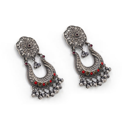 Oxidized Amrapali-Style Crescent Earrings – Red Inlay with Ghungroo Drops