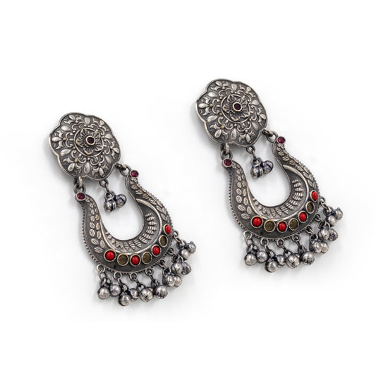 Oxidized Amrapali-Style Crescent Earrings – Red Inlay with Ghungroo Drops
