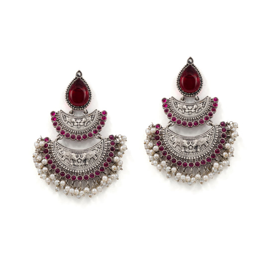 Oxidized Silver Chandbali Earrings – Red Stone & Pearl Fringe
