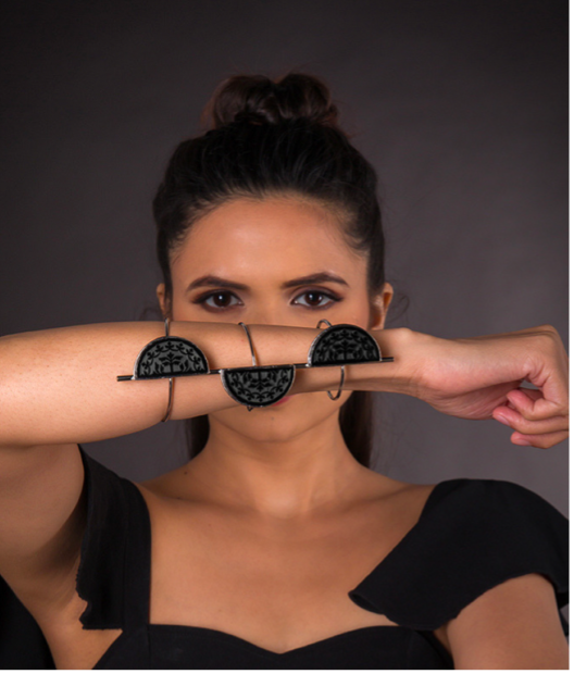 Black Onyx Cuff Bracelet – Silver-Toned Triple Half-Moon Design