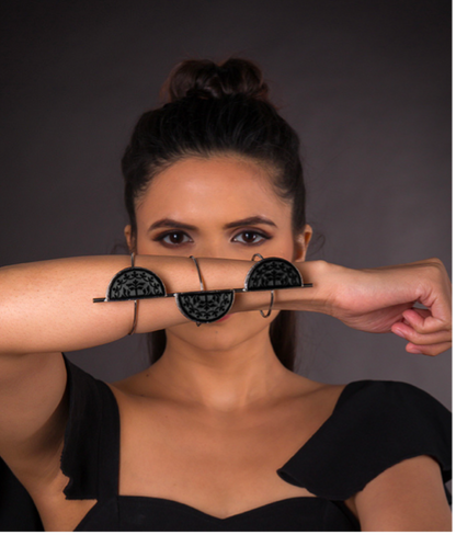 Black Onyx Cuff Bracelet – Silver-Toned Triple Half-Moon Design