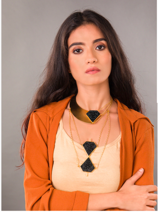 Black Onyx Layered Necklace – Gold-Plated Crescent & Diamond Design