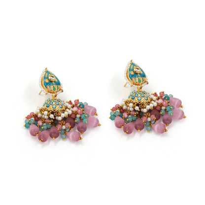 Teal Green Meenakari Polki Necklace Set – Pink & Blue Beaded Tassels